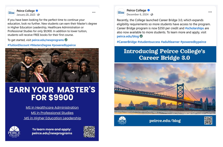 Peirce College organic social post — Master's degree programs