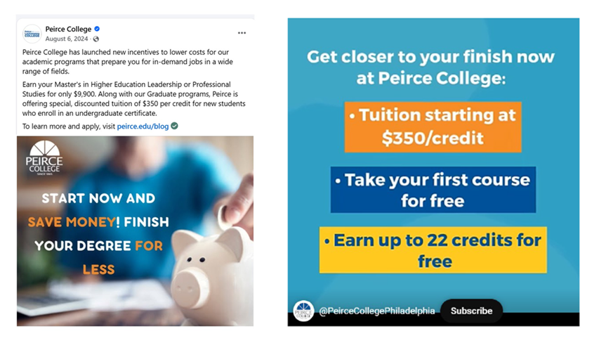 Peirce College organic social post — tuition incentives